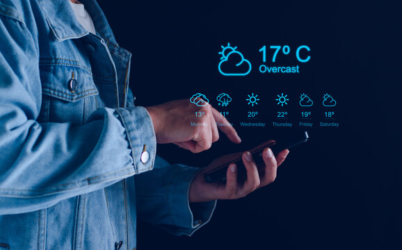Hands holding smartphone with Weather forecast widget concept. cloudy, rainy and sunny day concept, touchscreen device with different seasons and daily temperature. Weather forecast for every day.