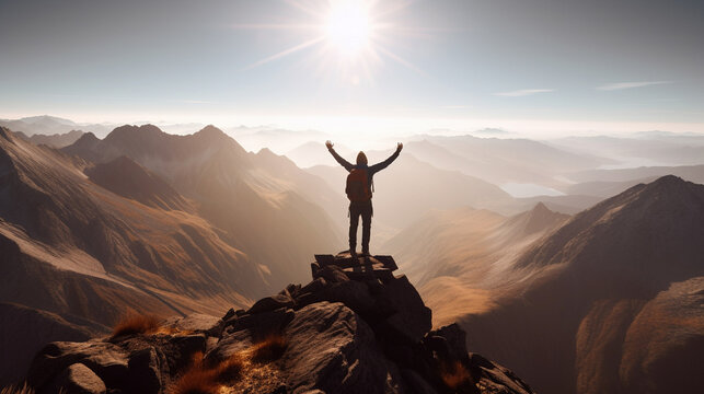  A victorious hiker stands on a mountain peak, arms raised in awe of the breathtaking panoramic view illuminated by the warm, dramatic sunlight and striking shadows .AI generated