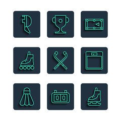 Set line Badminton shuttlecock, Sport mechanical scoreboard, Skates, Billiard table, Ice hockey sticks, Roller skate, Fencing helmet mask and Bathroom scales icon. Vector