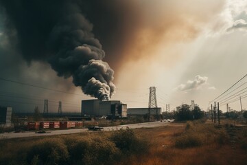 Fototapeta na wymiar The nuclear plant's industrial zone is ablaze. Smoke obliterates the sky. Generative AI