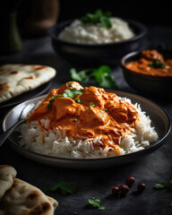 Chicken tikka masala served with rice and naan bread 