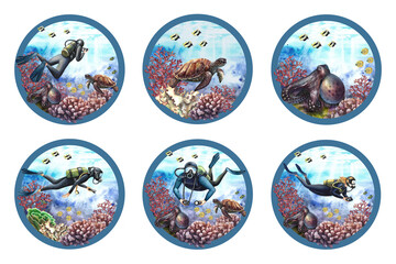 A set of round compositions with divers at the bottom of the sea. Watercolor hand drawn illustration. For label, magnet, business card and banner, flyer and brochure. For prints, stickers, postcards.