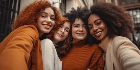 Obraz premium group of multi-ethic friends taking a selfie in the city - generative AI 