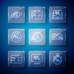 Set line Credit card with chip, Discount percent tag, Stopwatch and, Percent discount laptop, Clock, Gear, Financial growth euro coin and Money icon. Vector