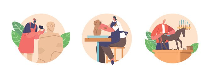 Isolated Round Icons Or Avatars With Sculptors Create Artworks By Shaping Stone, Wood, Or Clay, Using Various Tools