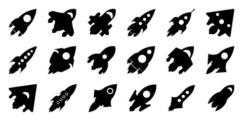 Set of black rocket icons. Black rocket ship collection