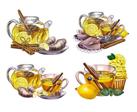 A set of compositions with fragrant antiviral tea with lemon, cinnamon and ginger and honey. Vitamin tea against colds. Watercolor illustration. For labels, invitations, banners, packaging and menus.