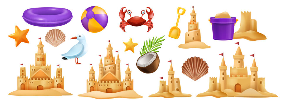 3D sand castle set, summer beach vacation vector clipart kit, kid bucket, red crab, starfish, ball. Cartoon ocean sea shore tower, tropical season object, gull, shell, children game. Coast sand castle