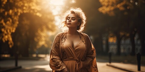 close up of a plus-size Big Beautiful Woman walking in the park with golden hour lighting - generative AI 