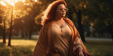 close up of a plus-size Big Beautiful Woman walking in the park with golden hour lighting - generative AI 