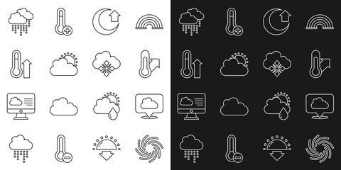 Set line Tornado, Location cloud, Meteorology thermometer, Moon, Sun and weather, Cloud with rain and snow icon. Vector