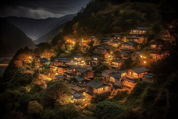 A Japanese village seated in a beautiful valley at dusk, Generative AI