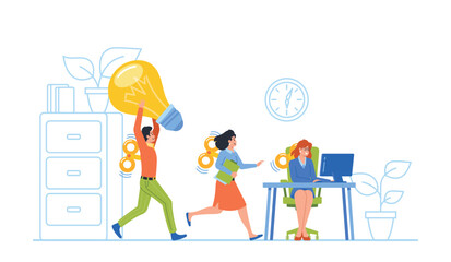 Motivated Clockwork Toy Business Employee Male And Female Characters Working In Office Using Computers