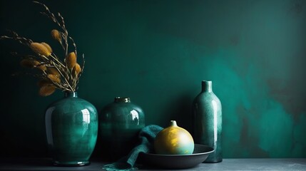 Naklejka na ściany i meble three vases and a bowl are on a table in front of a green wall. generative ai