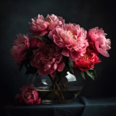 Bold and beautiful peonies in a glass vase. Mother's Day Flowers Design concept.