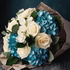 Bouquet with blue hydrangeas and white roses. Mother's Day Flowers Design concept.