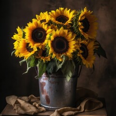 Obraz premium Bright and cheerful sunflowers in a rustic bucket. Mother's Day Flowers Design concept.