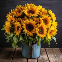 Obraz premium Bright and cheerful sunflowers in a rustic bucket. Mother's Day Flowers Design concept.