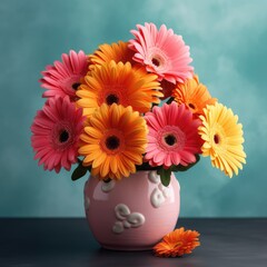 Cheerful gerbera daisies in a bright vase. Mother's Day Flowers Design concept.