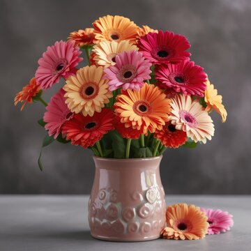 Cheerful gerbera daisies in a bright vase. Mother's Day Flowers Design concept.