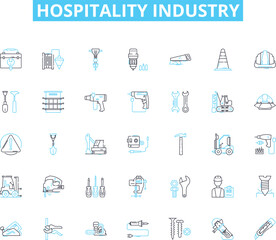 Hospitality industry linear icons set. Resorts, Restaurants, Accommodation, Vacation, Tourism, Casino, Spa line vector and concept signs. Hotels,Airline,Catering outline illustrations
