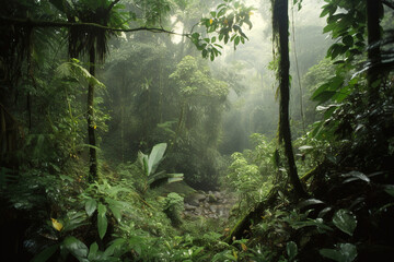 Fototapeta premium Misty Tropical Forest. Generative Ai