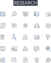 Research line icons collection. E-commerce, Online shopping, Cart, Checkout, Digital marketing, Cybersecurity, Mobile-friendly vector and linear illustration. Responsive,Payment,Marketplaces outline