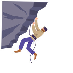 Climber climbing mountain or cliff using professional equipment, flat vector illustration isolated on white background.