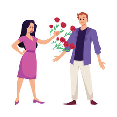 Disgruntled girl throws roses at boy flat style, vector illustration
