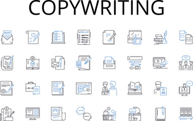 Copywriting line icons collection. Content writing, Blogging, Article writing, Web writing, Marketing writing, Technical writing, Creative writing vector and linear illustration. Communications