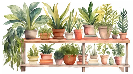 Drawing of plants in pots on a shelf.  Colorful plants isolated on a white background.  Collection of house plants for crafts, scrapbooking or art projects.