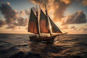 Fototapeta premium Sailboat in the Ocean at Sunset. Generative Ai