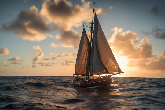 Sailboat in the Ocean at Sunset. Generative Ai