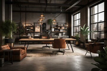 Fototapeta na wymiar 3D rendering of an industrial office with wooden furniture and leather armchairs, black steel structures and concrete floor. Picture behind desk. Generative AI