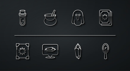 Set line Bottle with potion, Ancient magic book, Tarot cards, Magic stone, Witch cauldron, hand mirror and Ghost icon. Vector