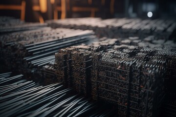 3D rendering of a cluster of TMT steel reinforcing bars. Generative AI