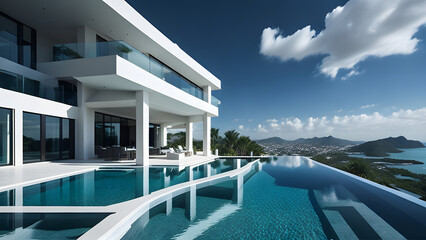 Fototapeta na wymiar Modern design architectural villa exterior with infinity pool. Designed using generative ai.