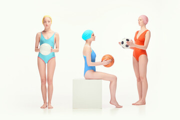 Combination of sports. Three young girls in retro swimsuits and swimming caps holding volleyball, basketball and football balls over white background. Concept of retro style, sport, fashion, vintage
