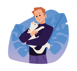 Man hugging cat, emotional support animal concept - flat vector illustration isolated on white background.