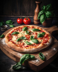 Pizza with mozzarella, tomatoes and basil on a wooden board