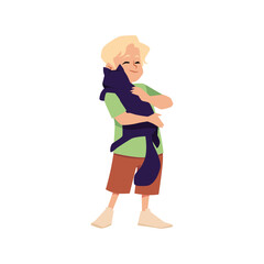 Cute little boy hugging funny cat flat style, vector illustration