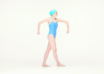 Young girl in blue swimsuit and swimming cap standing in position with broad hands isolated over white background. Concept of retro style, sport, fashion, youth, vintage. Copy space for ad