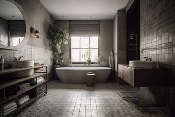 A bathroom with large area and concrete-like decorative tiles. Generative AI
