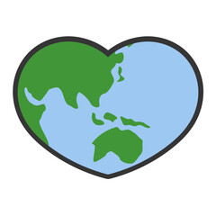 Heart shaped planet earth icon. Save the world. Eco friendly environmental message. Love. Map centered in Australia and East Asia.