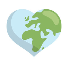 Heart shaped planet earth icon. Save the world. Eco friendly environmental message. Love. Map centered in Africa and Europe.