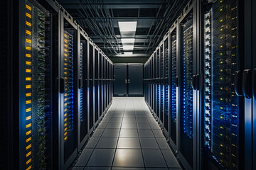 Fototapeta premium A data center, a high-tech facility that houses computer systems and servers. Generated AI