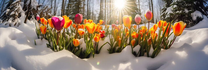 Tulips and Primroses: A Springtime Panorama of Colorful Flowers Blooming Under the Snow and Sparkling in the Sun, Symbolizing the Arrival of Spring and New Beginnings in the Garden