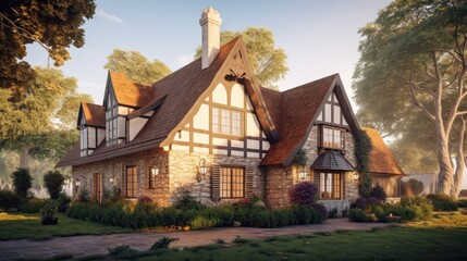 Fototapeta na wymiar English cottage exterior house design in daytime golden hour generative ai