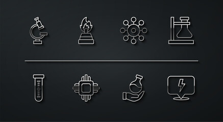 Set line Microscope, Test tube, flask on stand, Processor CPU, Alcohol spirit burner, Lightning bolt and Virus icon. Vector