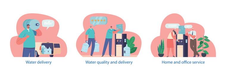 Delivery Of Clean Drinking Water Company Service. Workers Male Characters Wearing Uniform Deliver And Install Bottles